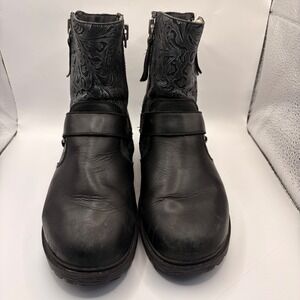 Alegria Channing Black Leather Embossed Paisley Moto Boots Womens 37 CHA-185